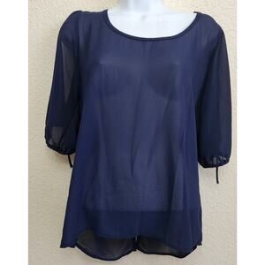 Belinda Blue Sheer Cold Shoulder Back Button Up Top Large Lightweight Flowy Soft